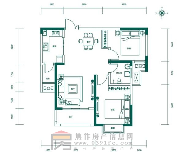 建业公园里L2两室两厅一卫约88.13㎡