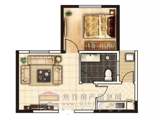 四季花城·锦程D户型一室一厅一卫约52㎡