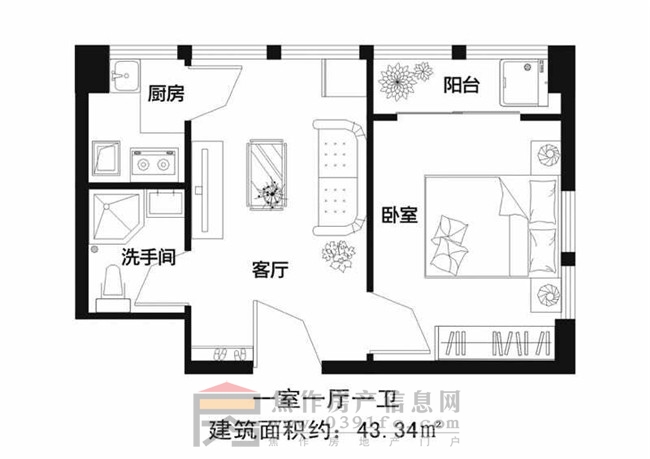 远大·未来城一室一厅一卫 建面约43.34㎡