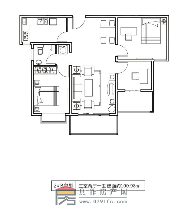 博大御景花园3室2厅1卫约100.98平方